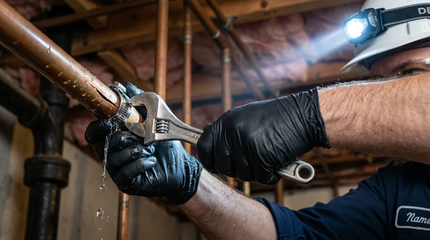 Emergency pipe clamp repair being performed by a Johns Plumbing LLC plumber in Gridley