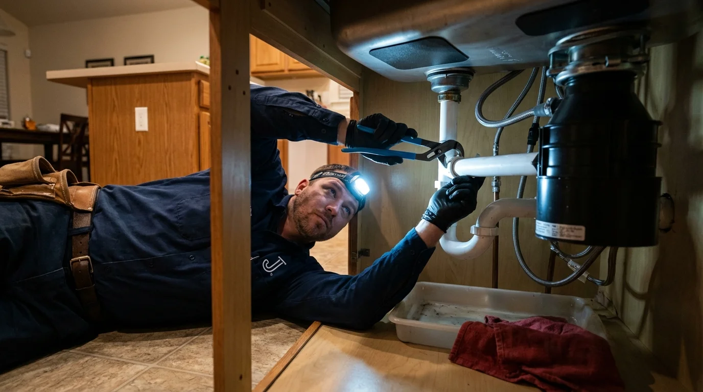 P-trap and supply line connections under a kitchen sink showing a common leak point in Gridley, CA